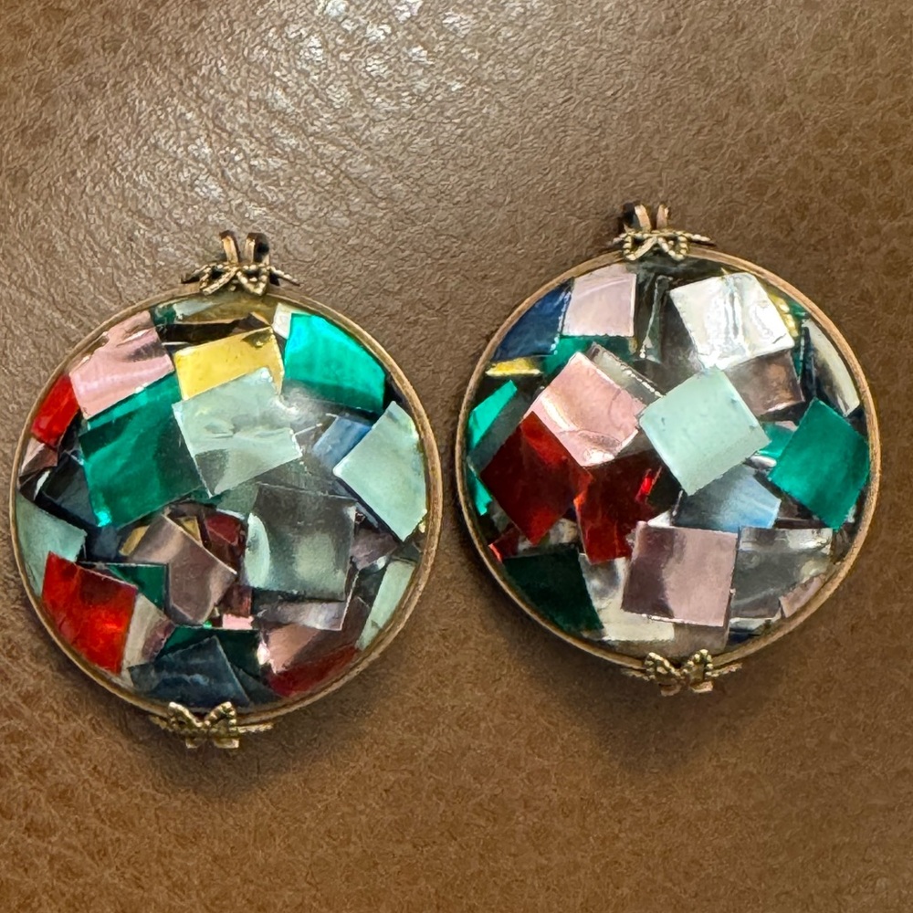 VTG Hillcrest/Castle craft carnival foil dome lucite slide on wire hook earrings
